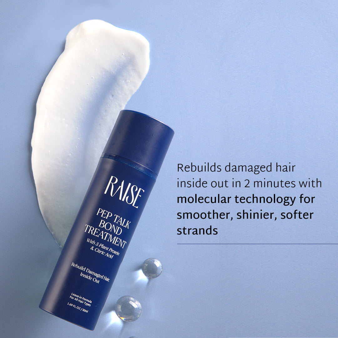 RAISE PEP TAIL BOND TREATMENT bottle in dark blue, styled on a light blue background with a white cream smear and clear liquid droplets. Text on the right describes the hair treatment benefits.
