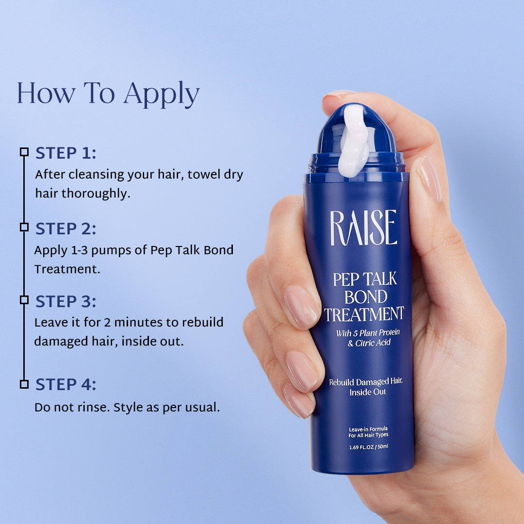 A hand holds a blue bottle of RAISE Pep Talk Bond Treatment against a light blue background, with a left-side text panel showing how to apply the hair treatment.