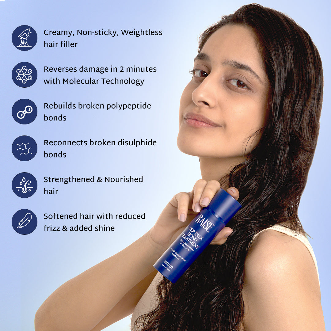 Woman holding a hair care product with text highlighting its benefits on a light blue background