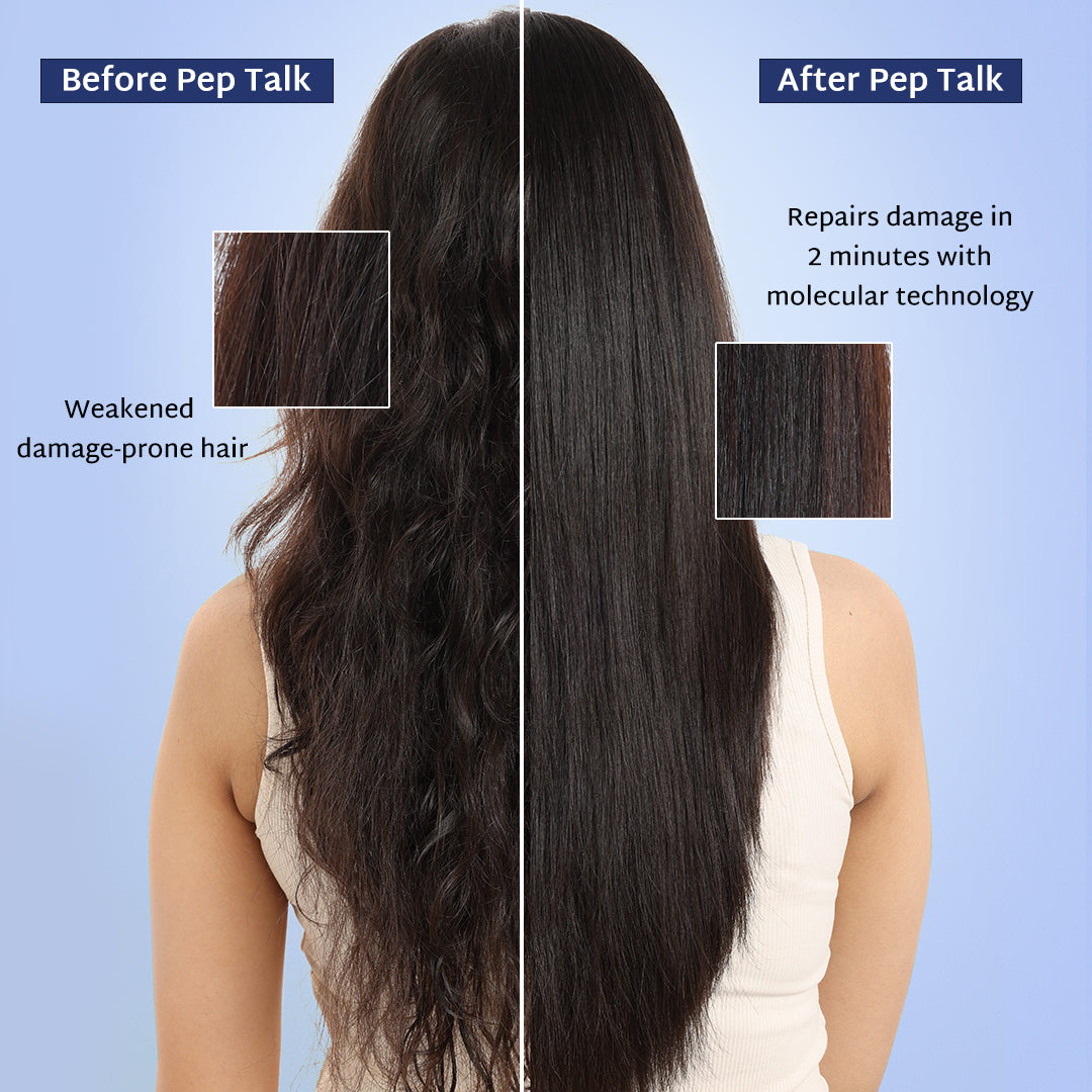 Before and after comparison of hair treatment showing damaged and repaired hair with text on a blue background.