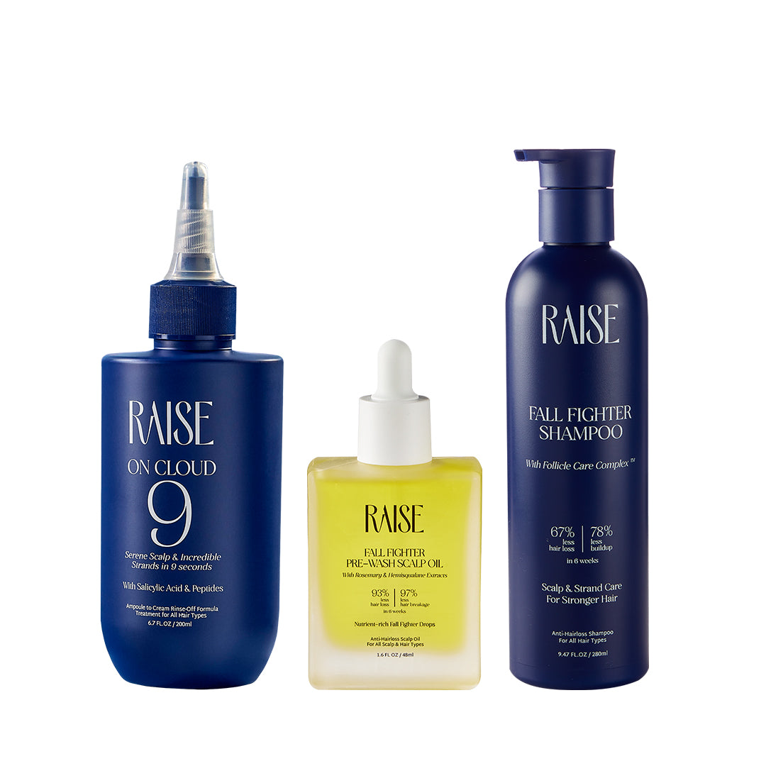 Raise Viral Korean Glass-Like Shine Ritual | Pre-Wash Oil, On Cloud 9 (200 ml) & Treatment & Fall Fighter Shampoo