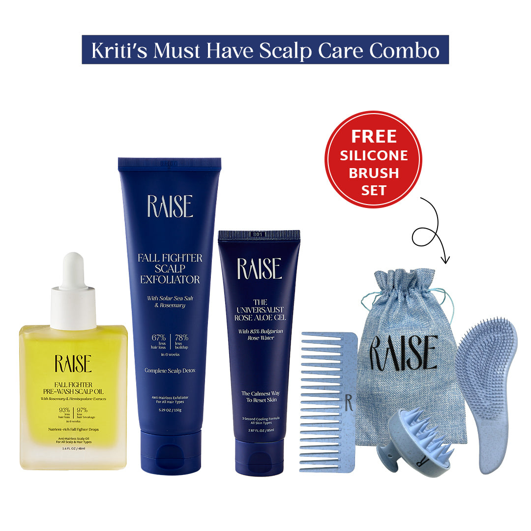 Kriti’s Must Have Scalp Care Combo | Pre-Wash Oil (48ml) + Fall Fighter Exfoliator (150g) + Rose & Aloe Gel (85ml)