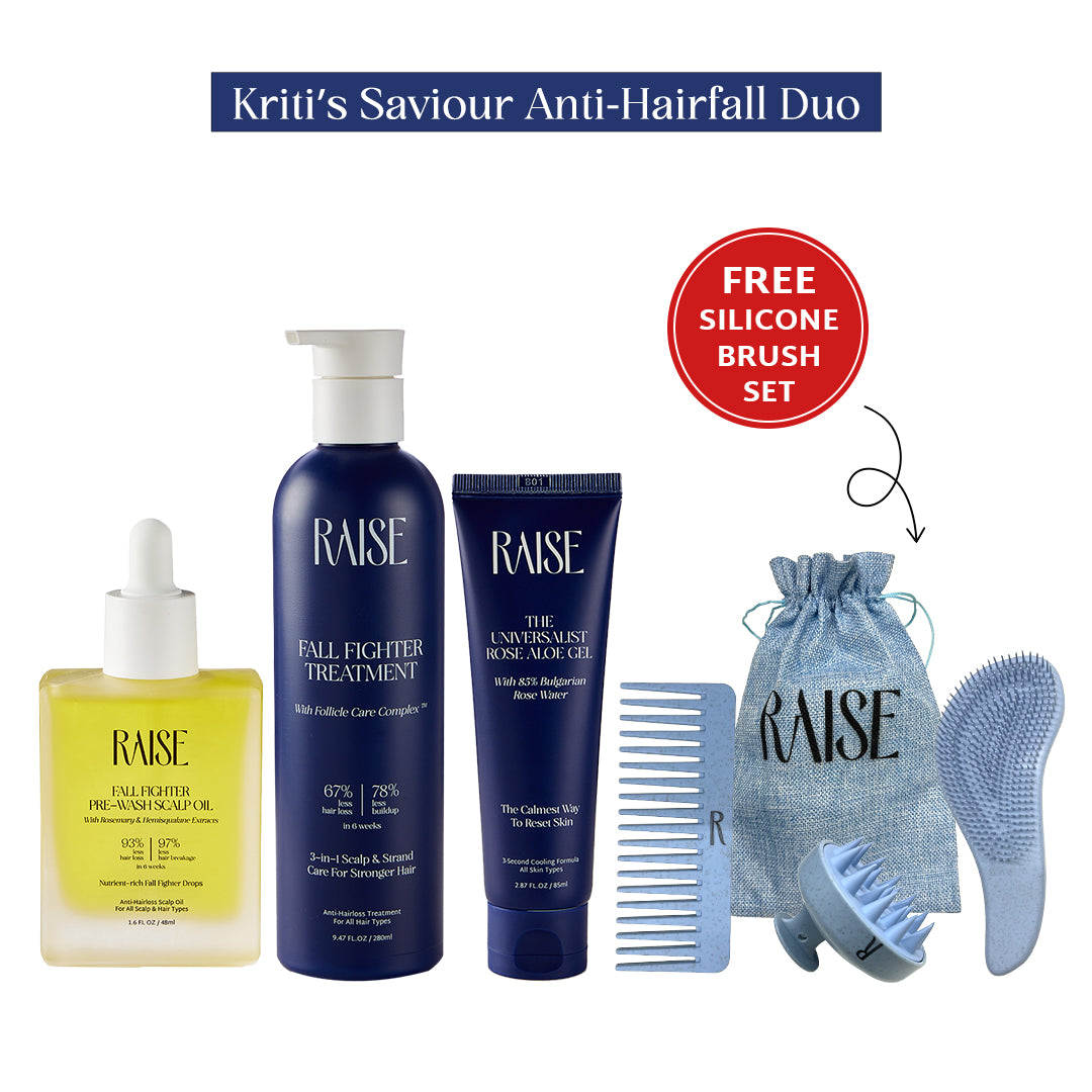 Kriti’s Saviour Anti-Hairfall Duo | Fall Fighter Pre-Wash Scalp Oil (48ml) + Fall Fighter Treatment (280ml) + Rose & Aloe Gel (85ml)