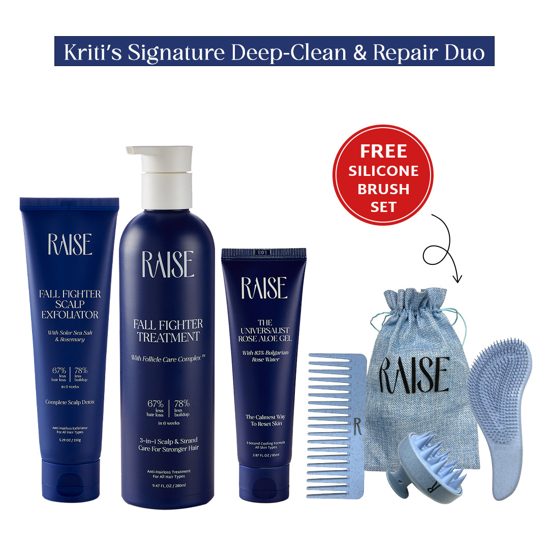 Kriti’s Signature Deep-Clean & Repair Duo | Fall Fighter Exfoliator (150g) + Fall Fighter Treatment (280ml) + Rose & Aloe Gel (85ml)