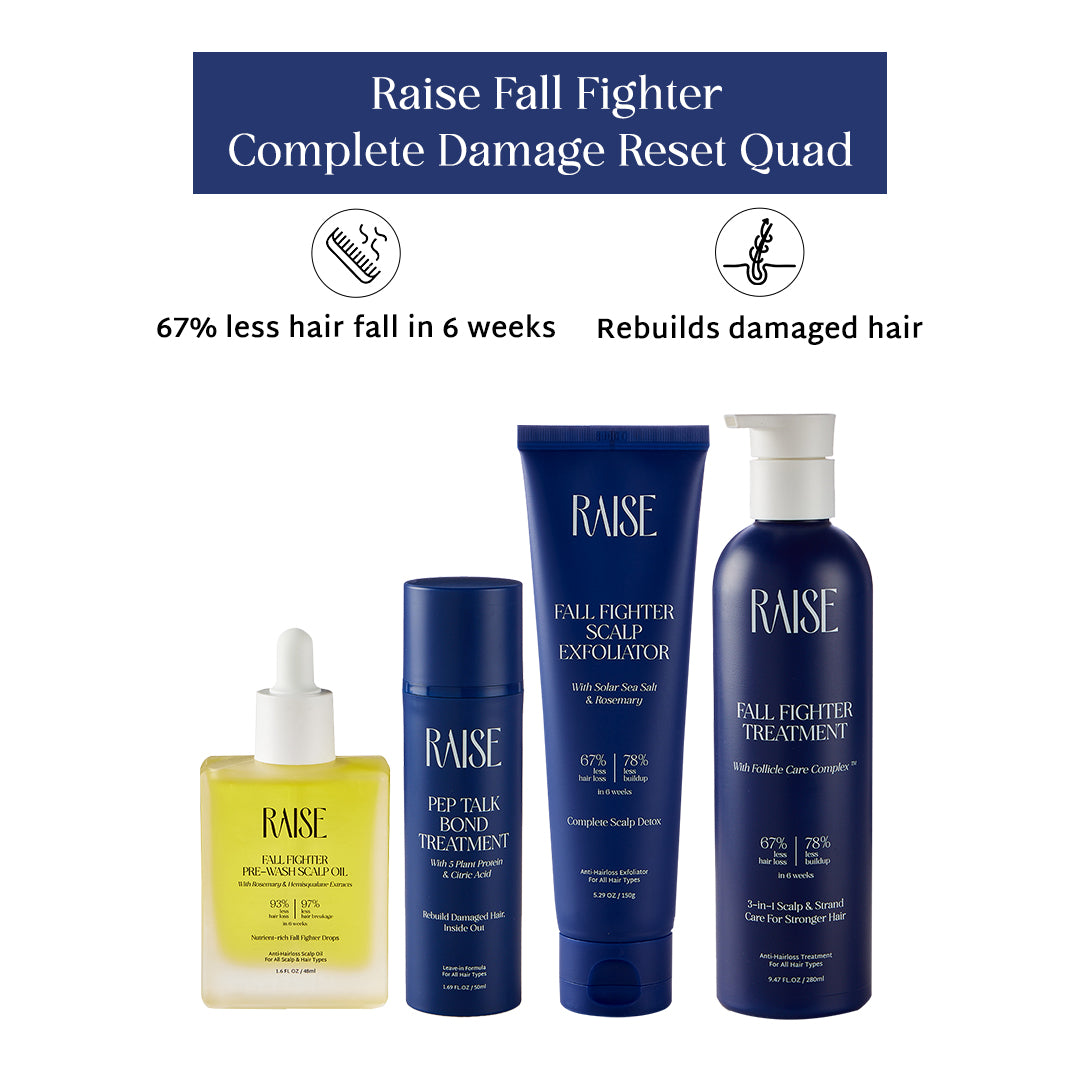 Raise Fall Fighter Complete Damage Reset Quad | Fall Fighter Pre-Wash Scalp Oil (48ml) + Fall Fighter Exfoliator( 150gms) + PepTalk Bond Treatment (50ml)  + Fall Fighter Treatment (280ml)